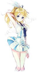 Rule 34 | 10s, 1girl, arm up, armpits, ayase eli, bare shoulders, blonde hair, blue eyes, circle skirt, cropped vest, earrings, feather hair ornament, feathers, hair ornament, hair ribbon, hand in own hair, highres, jewelry, long hair, looking at viewer, love live!, love live! school idol project, macciatto (aciel02), miniskirt, ponytail, ribbon, skirt, solo, vest, wonderful rush