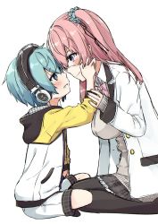 Rule 34 | 1boy, 1girl, age difference, blue eyes, blue hair, blush, bow, bowtie, child, earphones, eyepatch, hand on another&#039;s cheek, hand on another&#039;s face, highres, imminent kiss, jacket, looking at another, nei (os), original, os (os fresa), pink hair, plaid, plaid skirt, pointy ears, purple eyes, scrunchie, simple background, sitting, skirt, smile, source request, souta (os), white background
