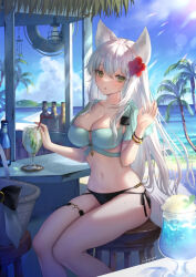 Rule 34 | 1girl, animal ears, bar (place), basket, bikini, blurry, blush, bokeh, bracelet, breasts, cleavage, cloud, cloudy sky, cocktail, cocktail glass, collarbone, commentary request, cup, depth of field, drinking glass, flower, green eyes, hair flower, hair ornament, hi-na1, island, jewelry, light particles, light rays, long hair, looking to the side, medium breasts, mismatched bikini, multiple bracelets, navel, ocean, on stool, open hand, open mouth, original, palm tree, shadow, signature, sitting, sky, solo, stomach, stool, sunlight, swimsuit, tail, thigh strap, thighs, tree, two-tone bikini, white hair, wind, wolf ears, wolf tail