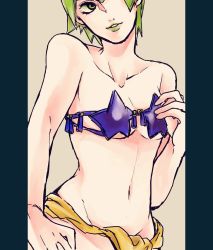 Rule 34 | 1girl, bare shoulders, bikini, bikini top only, breasts, contrapposto, cosplay, foo fighters (jojo), green eyes, green hair, green lips, hand on own hip, highres, jojo no kimyou na bouken, lipstick, makeup, matching hair/eyes, medium breasts, midler (cosplay), navel, pelvic curtain, pillarboxed, saichuu (more1208), short hair, smile, solo, standing, swimsuit