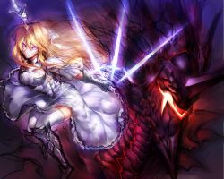 Rule 34 | &gt;:|, 1girl, :|, armor, armored dress, blonde hair, breasts, closed mouth, dannrei3636, dress, full body, gauntlets, glowing, glowing sword, glowing weapon, greaves, hair between eyes, hair intakes, holding, holding sword, holding weapon, large breasts, long hair, looking at viewer, monster, original, outstretched arms, pink eyes, plackart, spread arms, sword, thighhighs, v-shaped eyebrows, weapon, white dress, white thighhighs