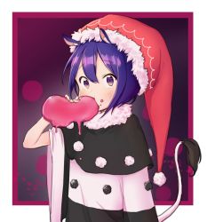 Rule 34 | 1girl, bad id, bad twitter id, black dress, blush, capelet, doremy sweet, dream soul, dress, eating, fur trim, hat, multicolored clothes, multicolored dress, nightcap, pom pom (clothes), purple eyes, purple hair, saple, solo, tail, tapir tail, touhou, upper body, white dress, wide sleeves