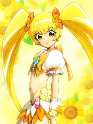 Rule 34 | 1girl, blonde hair, bow, brooch, choker, collarbone, commentary request, cowboy shot, crop top, cure sunshine, earrings, flat chest, floral background, flower, groin, hair ribbon, heart, heart brooch, heartcatch precure!, highres, jewelry, layered skirt, long hair, looking at viewer, magical girl, midriff, myoudouin itsuki, navel, orange bow, orange choker, orange skirt, parted lips, precure, puffy short sleeves, puffy sleeves, ribbon, shirt, short sleeves, sidelocks, skirt, solo, standing, sunflower, twintails, unno hotaru, very long hair, white shirt, white skirt, wrist cuffs, yellow background, yellow bow, yellow eyes