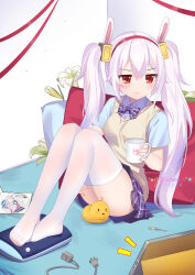 Rule 34 | 1girl, alternate costume, animal ears, artist name, ass, azur lane, blue shirt, bow, bowtie, breasts, cd, cd case, chinese commentary, closed mouth, coffee mug, collared shirt, commentary request, cup, dated, extension cord, fake animal ears, feet, frown, full body, hair between eyes, hairband, heart, heart in eye, highres, holding, holding cup, knees up, laffey (azur lane), legs, light purple hair, long hair, manjuu (azur lane), medium breasts, mug, on bed, pillow, plaid, plaid bow, plaid bowtie, purple bow, purple bowtie, rabbit ears, red eyes, shirt, sidelocks, sitting, solo, spoon, sweater vest, symbol in eye, tablet pc, thighhighs, thighs, twintails, very long hair, white thighhighs, xiao shi lullaby