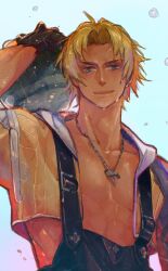 Rule 34 | 1boy, ball, black gloves, black overalls, blitzball, blonde hair, blue eyes, cropped jacket, earrings, final fantasy, final fantasy x, gloves, gradient background, highres, holding, holding ball, jacket, jewelry, light smile, male focus, necklace, nini tw99, open clothes, open jacket, overalls, short hair, simple background, single earring, smile, solo, stud earrings, tidus, topless, topless male, water drop, wet, wet clothes, wet face, wet hair, yellow jacket