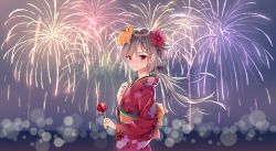 Rule 34 | 1girl, azur lane, black bow, blush, bow, candy apple, closed mouth, commentary request, fireworks, floating hair, floral print, food, from side, hair between eyes, hair bow, hair flaps, hair ornament, highres, holding, holding food, japanese clothes, kanzashi, kimono, lens flare, long hair, looking at viewer, low ponytail, mask, mask on head, montpelier (azur lane), nose blush, obi, red hair, sash, shokuyou koori, silver hair, smile, solo, tsumami kanzashi, very long hair, yukata
