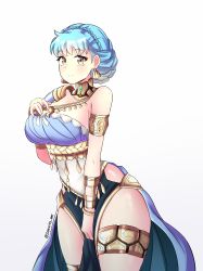 Rule 34 | 1girl, absurdres, armlet, bare shoulders, belly chain, blue dress, blue hair, blush, bracelet, braid, breasts, choker, commentary request, cowboy shot, crown braid, dancer (fire emblem: three houses), dress, earrings, fire emblem, fire emblem: three houses, fire emblem heroes, gradient background, grey background, hand on own chest, highres, hip vent, jarckius, jewelry, large breasts, looking at viewer, marianne von edmund, nintendo, official alternate costume, pelvic curtain, short hair, single-shoulder dress, smile, solo, standing, thighlet, thighs, white background, yellow eyes