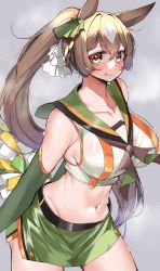 Rule 34 | 1girl, absurdres, animal ears, blush, breasts, brown eyes, brown hair, cheerleader, closed mouth, collarbone, commentary request, detached sleeves, green skirt, grey background, hair between eyes, hair ribbon, heavy breathing, highres, horse ears, horse girl, kshimu, large breasts, long hair, navel, pom pom (cheerleading), ponytail, ribbon, sailor collar, satono diamond (umamusume), simple background, skirt, solo, steam, stomach, tongue, tongue out, umamusume