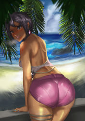 Rule 34 | 1girl, ass, atorot, back, bad id, bad pixiv id, bare arms, bare back, beach, black eyes, black hair, blue nails, blue sky, breasts, bright pupils, cameltoe, closed mouth, cloud, cloudy sky, creatures (company), dark-skinned female, dark skin, day, earrings, elite four, from behind, game freak, heavy breathing, highres, huge ass, island kahuna, jewelry, looking back, medium breasts, nail polish, nintendo, ocean, olivia (pokemon), outdoors, palm tree, pantylines, pink lips, pink shorts, pokemon, pokemon sm, rock, sand, short hair, shorts, skindentation, sky, smile, solo, thigh strap, tree, trial captain, water, wedgie, wet