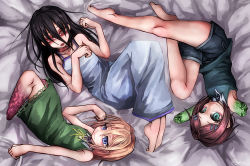 Rule 34 | 3girls, amputee, armless amputee, bare shoulders, barefoot, bed sheet, black hair, blind, blonde hair, blue eyes, brown hair, collar, double amputee, dress, frown, green dress, green eyes, hair ornament, hairclip, legless amputee, long hair, looking at viewer, lying, multiple girls, no arms, no legs, open mouth, original, ray-k, sheet grab, shirt, short hair, shorts, sleeveless, sleeveless dress, smile, what