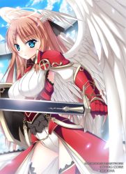 Rule 34 | 1girl, angel, angel wings, armor, blonde hair, blue eyes, breasts, halo, head wings, holding, holding sword, holding weapon, kaho okashii, large breasts, original, pink hair, red thighhighs, shield, solo, sword, thighhighs, weapon, wings