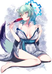 Rule 34 | 1girl, absurdres, animal ears, aqua hair, armpit crease, bare shoulders, barefoot, blue archive, blue nails, breasts, breasts apart, closed mouth, collarbone, commentary, feet, full body, grey kimono, hair between eyes, halo, hand fan, head tilt, highres, holding, holding fan, japanese clothes, kagu (a hazy moon), kimono, large breasts, legs, light blush, looking at viewer, low twintails, medium hair, nail polish, obi, off shoulder, paper fan, purple eyes, sash, shigure (blue archive), sitting, smile, solo, tail, thighs, toenail polish, toenails, toes, twintails, wariza, weasel ears, weasel girl, weasel tail, yagasuri