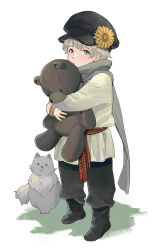 Rule 34 | 1boy, aged down, animal, axis powers hetalia, black footwear, black headwear, black pants, boots, cat, child, closed mouth, flower, full body, grey scarf, hat, hat flower, highres, holding, hugging object, long sleeves, looking at viewer, male focus, pants, purple eyes, russia (hetalia), sash, scarf, simple background, standing, stuffed animal, stuffed toy, sunflower, teddy bear, uka402, white background