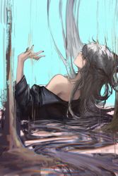 Rule 34 | 1girl, absurdres, arknights, bare shoulders, black jacket, black nails, chinese commentary, commentary request, hand up, highres, jacket, lappland (arknights), long hair, long sleeves, naijiaer, nail polish, off shoulder, silver hair, solo, upper body