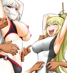 Rule 34 | 2girls, armpits, arms up, bdsm, bikini, bikini pull, bikkuru, blonde hair, blush, bondage, bound, breasts, breasts out, clenched teeth, closed eyes, clothes pull, competition swimsuit, covered erect nipples, disembodied hand, fate (series), female focus, grey hair, groin, half-closed eyes, jeanne d&#039;arc alter (swimsuit berserker) (fate), jeanne d&#039;arc (fate), jeanne d&#039;arc (ruler) (fate), jeanne d&#039;arc (swimsuit archer) (fate), large breasts, laughing, long hair, multiple girls, multiple hands, navel, nipples, o-ring, o-ring bikini, one-piece swimsuit, open mouth, ponytail, red bikini, rope, scrunchie, simple background, smile, sweat, swimsuit, teeth, textless version, tickling, white background, wrist scrunchie, yellow eyes