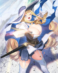 Rule 34 | 1girl, ;d, aiming, aiming at viewer, belt, blonde hair, blue eyes, blue skirt, breasts, charlotte (last origin), cleavage, drill hair, foreshortening, garter straps, gloves, hair between eyes, hat, hat feather, holding, holding sword, holding weapon, huge breasts, kagimiya mello, last origin, long hair, looking at viewer, one eye closed, open mouth, pleated skirt, pointing sword, pointing weapon, scabbard, sheath, side drill, skirt, smile, solo, sword, thighhighs, unsheathed, very long hair, weapon, white gloves