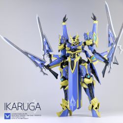 Rule 34 | absurdres, character name, copyright name, extra arms, grey background, highres, holding, holding sword, holding weapon, ikaruga (knight&#039;s &amp; magic), knight&#039;s &amp; magic, logo, looking down, mecha, model kit, model kit (medium), moderoid, official art, photo (medium), promotional art, red eyes, robot, science fiction, standing, suo (suou ray), sword, unconventional media, weapon
