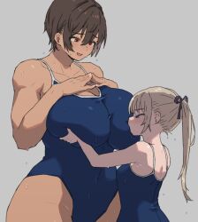 Rule 34 | 2girls, black ribbon, blonde hair, blue one-piece swimsuit, blush, breasts, brown hair, dark-skinned female, dark skin, grey background, hair ribbon, hands on own chest, height difference, huge breasts, kei (m k), m k, medium hair, multiple girls, one-piece swimsuit, open mouth, original, ponytail, red eyes, ribbon, rika (m k), short hair, simple background, smile, swimsuit, wet, wet clothes, wet swimsuit, yuri
