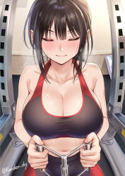 Rule 34 | 1girl, artist name, bare arms, bare shoulders, black hair, black pants, black tank top, blush, breasts, closed eyes, closed mouth, english text, exercising, exercise machine, gym, gym pants, highres, holding, indoors, kanden sky, large breasts, midriff, multicolored clothes, original, pants, red pants, red tank top, short hair, steaming body, sweat, sweatdrop, tank top
