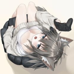 Rule 34 | 1girl, animal ear fluff, animal ears, armchair, blouse, blue eyes, breasts, chair, cleavage, commentary request, controller, fingernails, fox ears, fox girl, game controller, gamepad, grey background, grey hair, grey sweater, hair between eyes, highres, holding, large breasts, long hair, long sleeves, nail polish, naked sweater, open mouth, original, pink nails, shirt, simple background, sitting, solo, sweater, waichi, white shirt