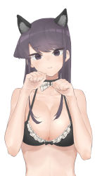 Rule 34 | 1girl, absurdres, animal ear fluff, animal ears, bikini, bow, bowtie, breasts, cat ears, cleavage, closed mouth, commentary, dot nose, english commentary, female focus, frilled bikini, frills, hands up, highres, komi-san wa komyushou desu, komi shouko, large breasts, looking at viewer, maid, maid bikini, paw pose, purple eyes, purple hair, revision, simple background, solo, swimsuit, takita (takita3411), unconventional maid, upper body, white background