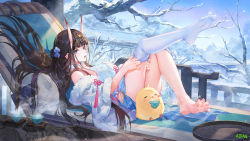 Rule 34 | 1girl, atdan, azur lane, bare shoulders, black hair, china dress, chinese clothes, dress, feet, from side, fur trim, highres, horns, knees up, leg up, long hair, looking at viewer, looking to the side, manjuu (azur lane), noshiro (azur lane), noshiro (fragrance of the eastern snow) (azur lane), off shoulder, official alternate costume, oni horns, open mouth, purple eyes, revision, short dress, single thighhigh, sleeveless, sleeveless dress, smile, solo, thighhighs, thighs, very long hair, white dress, white thighhighs