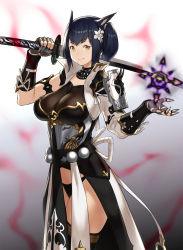 Rule 34 | 1girl, animal ears, black gloves, black hair, black panties, black thighhighs, bracer, breasts, cat ears, closed mouth, commentary request, cowboy shot, detached collar, final fantasy, final fantasy xiv, fingerless gloves, flower, gloves, hair flower, hair ornament, hair tie, highres, holding, holding weapon, houtengeki, katana, large breasts, long sleeves, looking at viewer, miqo&#039;te, over shoulder, panties, rope, short hair, side ponytail, smile, solo, standing, sword, thighhighs, twintails, underwear, unsheathed, weapon, weapon over shoulder, yellow eyes