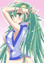 Rule 34 | 1girl, adjusting hair, armpits, arms up, ass, bottomless, breasts, breasts out, detached sleeves, female focus, frog, givuchoko, green eyes, green hair, hair ornament, kochiya sanae, large breasts, long hair, looking back, matching hair/eyes, no bra, open clothes, open shirt, profile, shirt, sideboob, simple background, solo, touhou