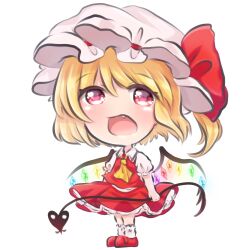Rule 34 | 1girl, ascot, blonde hair, bow, chibi, collared shirt, crystal, fang, flandre scarlet, frilled sleeves, frills, full body, glowing, glowing wings, hair bow, hat, hat ribbon, highres, holding, holding polearm, holding weapon, laevatein (touhou), medium hair, multicolored wings, one side up, open mouth, pink eyes, polearm, puffy short sleeves, puffy sleeves, red footwear, red ribbon, red skirt, red vest, ribbon, sacchan happy, shirt, short sleeves, simple background, skirt, skirt set, socks, solo, standing, touhou, vest, weapon, white background, white hat, white shirt, white socks, wings, yellow ascot