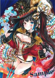 Rule 34 | 1girl, arim0k0, black footwear, black hair, black hat, blue eyes, blue hair, blue nails, breasts, circus, cleavage, closed mouth, full body, hat, heterochromia, highres, jacket, large breasts, looking at viewer, multicolored hair, nail polish, original, red eyes, red hair, red jacket, red nails, sample watermark, smile, solo, top hat, traditional media, watermark, whip