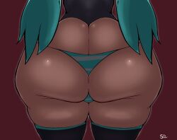Rule 34 | 1girl, ass, ass focus, butt crack, curvy, green hair, hatsune miku, huge ass, long hair, no pants, panties, shiny skin, simple background, sketchydrawin, solo, striped clothes, striped panties, thick thighs, thighhighs, thighs, twintails, underwear, vocaloid, wide hips