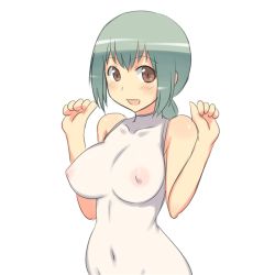Rule 34 | 1girl, aaaa (quad-a), bad id, bad pixiv id, bodysuit, breasts, green hair, large breasts, looking at viewer, monochrome, nipples, open mouth, original, see-through, simple background, skin tight, sleeveless, smile, solo, white background