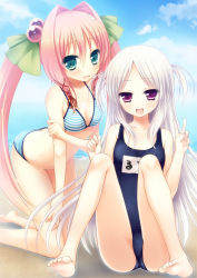 Rule 34 | 2girls, :d, arched back, barefoot, bikini, faint tone, feet, fummy, green eyes, hair intakes, hair ornament, kotoharu rua, long hair, multiple girls, naruse suzume, one-piece swimsuit, open mouth, pink hair, purple eyes, rabbit hair ornament, school swimsuit, silver hair, sitting, smile, striped bikini, striped clothes, swimsuit, twintails, two side up, v