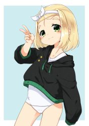 Rule 34 | 1girl, black jacket, blonde hair, blush, green eyes, hairband, highres, jacket, kantai collection, long sleeves, looking at viewer, luigi torelli (kancolle), nassukun, one-piece swimsuit, short hair, simple background, smile, solo, star (symbol), swimsuit, swimsuit under clothes, two-tone background, v, white hairband, white one-piece swimsuit