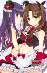 Rule 34 | 2girls, apron, black bow, black hat, bow, breasts, brown hair, closed mouth, crop top, fate/stay night, fate (series), frilled apron, frilled skirt, frills, green eyes, hair bow, hat, head tilt, heart, large breasts, long hair, looking at viewer, looking to the side, matou sakura, medium breasts, midriff, mini hat, mini top hat, multiple girls, navel, necktie, profile, purple eyes, purple hair, purple neckwear, red bow, red skirt, seiru (prairie), short necktie, siblings, sisters, skirt, smile, tohsaka rin, top hat, two side up, very long hair, waist apron, white apron, white bow