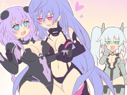 Rule 34 | amused, bare shoulders, black heart (neptunia), blue eyes, blue hair, bodysuit, boots, braid, breasts, changyoushan, cleavage, gloves, green eyes, hair ornament, hairclip, iris heart, large breasts, medium breasts, navel, neptune (neptunia), neptune (series), nervous, noire (neptunia), open mouth, pink eyes, purple hair, purple heart (neptunia), pururut, saddist, teeth, thighs, tsundere, twintails, white hair, yamayama