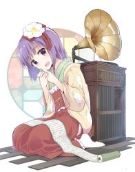 Rule 34 | 1girl, :d, bad id, bad twitter id, blunt bangs, clover, flower, four-leaf clover, frilled kimono, frills, hair flower, hair ornament, hieda no akyuu, japanese clothes, kimono, looking at viewer, open mouth, phonograph, purple eyes, purple hair, record, scroll, short hair, smile, solo, stained glass, touhou, wooden floor, yopan danshaku
