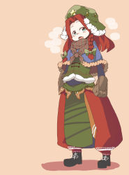 Rule 34 | blue eyes, blush, boots, bow, braid, capelet, daruia (sabitare), earflap hat, full body, fur hat, gloves, hat, highres, hong meiling, long hair, long sleeves, open mouth, pants, plaid, plaid scarf, red hair, ribbon, scarf, simple background, solo, sweater, touhou, twin braids, ushanka, winter clothes