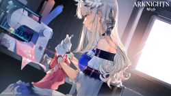 Rule 34 | 1girl, arknights, bare shoulders, bibeak (arknights), blue dress, blue flower, blue rose, breasts, copyright name, dress, dutch angle, feather hair, flower, from side, gloves, grey eyes, hair flower, hair ornament, highres, holding, indoors, long hair, medium breasts, miwano rag, off-shoulder dress, off shoulder, profile, rose, sewing, sewing machine, short sleeves, silver hair, solo, upper body, white gloves