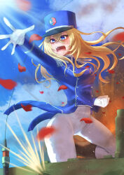 1girl adapted_costume aged_down alternate_hair_length alternate_hairstyle bc_freedom_(emblem) bc_freedom_military_uniform black_boots blonde_hair blue_coat blue_eyes blue_hat blue_sky boots clenched_hand cloud cloudy_sky coat commentary day emblem explosion frown girls_und_panzer gloves hat kepi knee_up long_hair long_sleeves looking_to_the_side messy_hair military_hat military_uniform on_tank open_mouth oshida_(girls_und_panzer) outdoors pants petals reaching salt-apple sky solo standing sunlight white_gloves white_pants