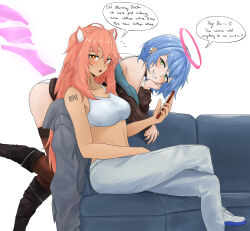 Rule 34 | 2girls, :o, animal ears, arknights, barcode, barcode tattoo, bare arms, bare shoulders, black footwear, blue hair, boots, breasts, bright pupils, commentary, cosplay, costume switch, couch, crop top, dokonjou (odossan), gravel (arknights), gravel (arknights) (cosplay), green eyes, grin, halo, highres, leggings, long hair, looking at viewer, medium breasts, midriff, multiple girls, navel, off shoulder, open mouth, pants, pink eyes, pink hair, shoes, shoulder tattoo, simple background, smile, speech bubble, sports bra, spuria (arknights), spuria (arknights) (cosplay), stomach, tattoo, white background, white footwear, white pants, white pupils