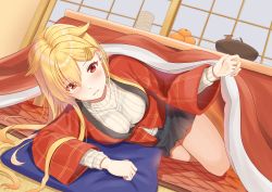 Rule 34 | 1girl, black skirt, blonde hair, blush, bowl, breasts, cup, cushion, food, fruit, hair flaps, hair ornament, hairclip, highres, indoors, kantai collection, kotatsu, large breasts, long hair, long sleeves, lying, on side, orange (fruit), red eyes, ribbed sweater, skirt, smile, solo, sweater, table, yunomi, yuudachi (kancolle), yuudachi kai ni (kancolle), zuki