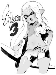 Rule 34 | 1girl, agent 3 (splatoon 3), bike shorts, blush, bow (weapon), braid, commentary request, copyright name, dark-skinned female, dark skin, domino mask, fang, flat chest, greyscale, hand on own hip, holding, holding bow (weapon), holding weapon, long hair, looking at viewer, mask, monochrome, navel, nintendo, open mouth, pointy ears, shirt, shorts, simple background, single braid, solo, splatoon (series), splatoon 3, tentacle hair, ter (otokoter), torn clothes, torn shirt, torn shorts, weapon, white background