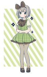 Rule 34 | 1girl, adapted costume, black bow, black bowtie, blush stickers, bob cut, bow, bowtie, citrus (place), commentary request, crossed arms, flat chest, full body, green background, green eyes, grey hair, hair bow, hairband, highres, knees together feet apart, konpaku youmu, looking at viewer, outline, pantyhose, plaid, plaid skirt, plaid vest, puffy short sleeves, puffy sleeves, short hair, short sleeves, simple background, skirt, skirt set, solo, touhou, unmoving pattern, vest, white background, white outline