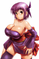 Rule 34 | 1girl, armpits, ayane (doa), bare shoulders, bow, breasts, bursting breasts, cleavage, dead or alive, dress, headband, huge breasts, japanese clothes, moriichi, purple hair, red eyes, short dress, short hair, solo, tecmo, thighhighs