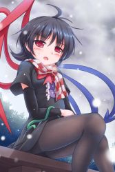 Rule 34 | 1girl, adapted costume, ahoge, alternate legwear, arm warmers, asymmetrical wings, bench, black dress, black hair, black pantyhose, blush, bow, cloud, cloudy sky, dress, highres, houjuu nue, looking at viewer, lzh, open mouth, pantyhose, red eyes, scarf, short sleeves, sitting, sky, snake, snowing, solo, thighband pantyhose, touhou, wings