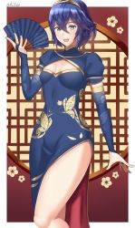Rule 34 | 1girl, :d, alternate costume, alternate hairstyle, arcedo, blue eyes, blue hair, breasts, bridal gauntlets, chinese clothes, cleavage, cleavage cutout, clothing cutout, dress, fire emblem, fire emblem awakening, hand fan, highres, holding, holding fan, looking at viewer, lucina (fire emblem), nintendo, open mouth, short hair, small breasts, smile, solo, symbol in eye, thighs, tiara, twitter username