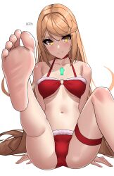 Rule 34 | 1girl, absurdres, barefoot, blonde hair, blush, feet, highres, light smile, long hair, looking at viewer, mythra (xenoblade), soles, toes, x xith x, xenoblade chronicles (series), xenoblade chronicles 2, yellow eyes