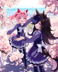 Rule 34 | 2girls, animal ears, blue flower, blue rose, blush, bow, bowtie, branch, brown footwear, brown hair, cherry blossoms, cherry tree, cityscape, flower, hair intakes, haru urara (umamusume), hat, hat flower, headband, highres, horse ears, horse girl, horse tail, long hair, long sleeves, looking at viewer, looking back, mountainous horizon, multiple girls, open mouth, outdoors, outstretched arm, petals, pink eyes, pink hair, ponytail, purple eyes, purple legwear, purple shirt, purple skirt, railing, rice shower (umamusume), rose, sailor collar, school uniform, shirt, shoes, skirt, smile, stairs, standing, sylpi, tail, thighhighs, tracen school uniform, twitter username, umamusume, white bow, white bowtie