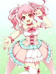 Rule 34 | 1girl, :d, akasata, aqua background, bang dream!, bow, bowtie, center frills, choker, detached sleeves, dress, frilled dress, frilled sleeves, frills, hair ribbon, hand up, looking at viewer, maruyama aya, open mouth, outstretched hand, pink bow, pink bowtie, pink choker, pink eyes, pink hair, ribbon, round teeth, short sleeves, sidelocks, smile, solo, sparkle, teeth, thighhighs, twintails, upper teeth only, white ribbon, white thighhighs, wrist bow, ||/